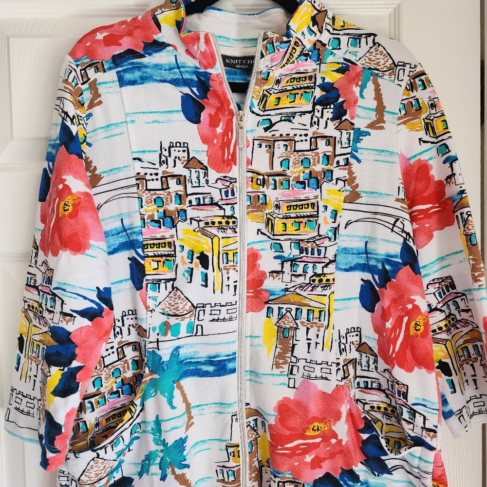 Knit Chic Jacket, Size L, Vibrant Colors, Cityscape Print